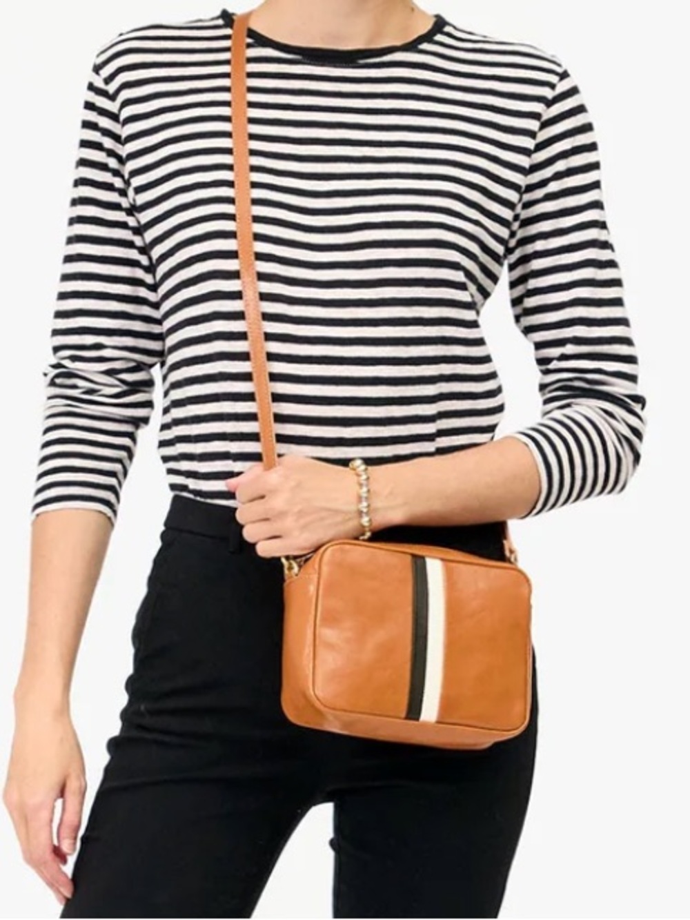 Clare V Midi Sac in Tan with Stripes and Checkered Crossbody Strap - Picture 10 of 12